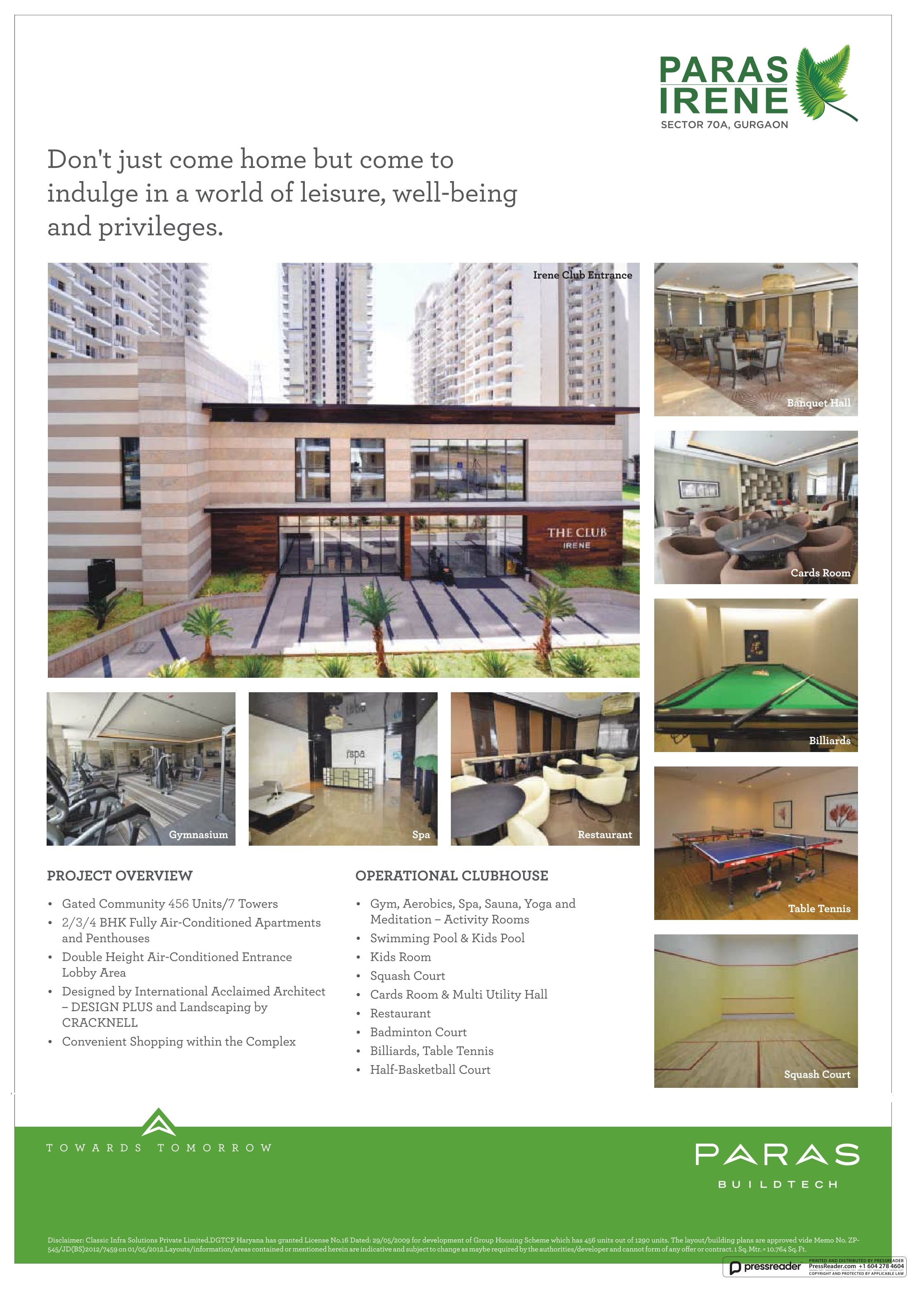 Don't just come home but come indulge in a world of liesure, well being and privileges at Paras Irene in Gurgaon Update